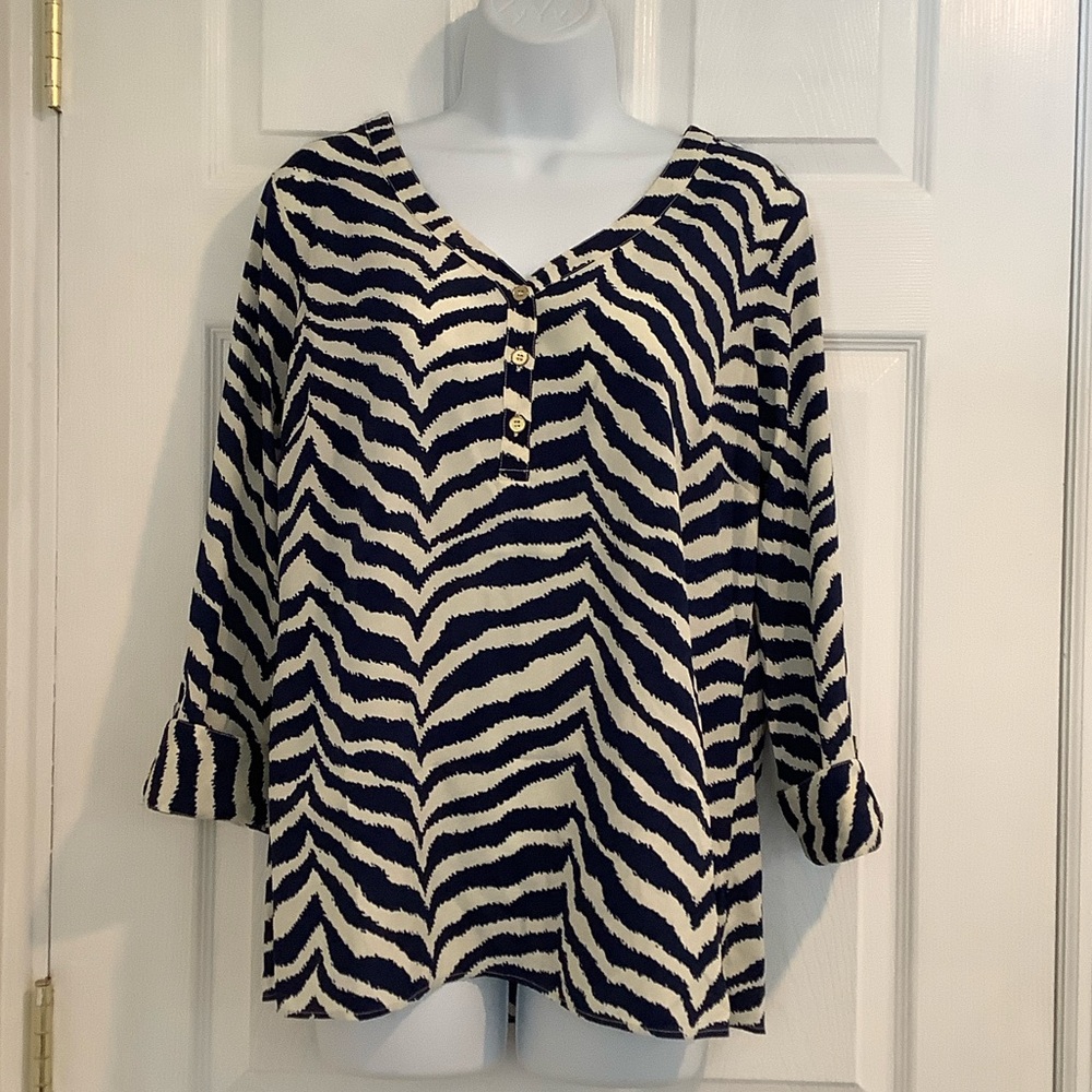 CARIBBEAN JOE Womens Navy/White Coastal Vacation Resortwear Animal Print Blouse